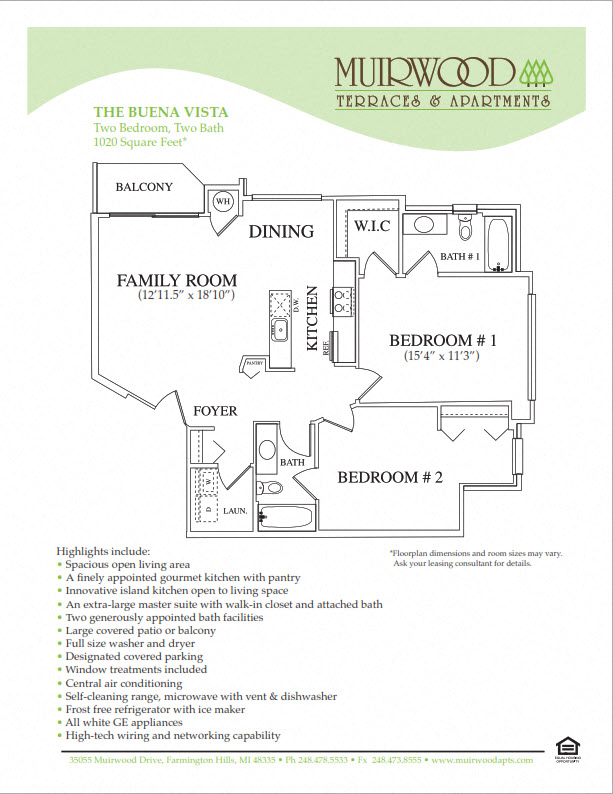 Floor plan for 2 beds, 2 baths, 1018 sqft